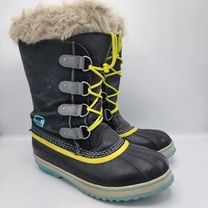Sorel Joan of Arctic waterproof snow boots in black with neon yellow and blue
